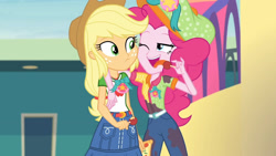 Size: 3410x1920 | Tagged: safe, imported from derpibooru, screencap, applejack, pinkie pie, equestria girls, equestria girls series, rollercoaster of friendship, apple, applejack's hat, belt, clothes, cowboy hat, cutie mark, cutie mark on clothes, denim skirt, female, food, hat, high res, jewelry, necklace, one eye closed, open mouth, skirt, tongue out