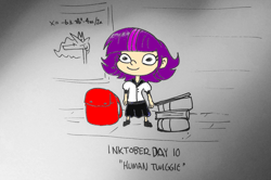 Size: 1280x848 | Tagged: safe, artist:tjpones edits, edit, imported from derpibooru, princess celestia, twilight sparkle, human, backpack, book, child, grayscale, humanized, inktober, inktober 2021, monochrome, poster, quadratic formula, solo, traditional art, twiggie, younger