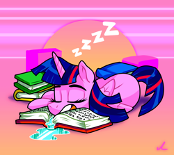 Size: 4500x4019 | Tagged: safe, artist:docwario, imported from derpibooru, twilight sparkle, alicorn, pony, book, drool, eyes closed, female, mare, onomatopoeia, open mouth, sleeping, snoring, sound effects, that pony sure does love books, twilight sparkle (alicorn), twitober, zzz