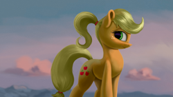 Size: 4000x2250 | Tagged: safe, artist:flusanix, imported from derpibooru, applejack, earth pony, pony, alternate hairstyle, female, high res, mare, ponytail, solo
