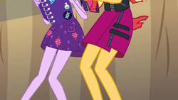 Size: 3410x1920 | Tagged: safe, imported from derpibooru, screencap, sci-twi, sunset shimmer, twilight sparkle, equestria girls, equestria girls series, rollercoaster of friendship, clothes, cutie mark, cutie mark on clothes, duo, duo female, female, high res, legs, notebook, pictures of legs, skirt