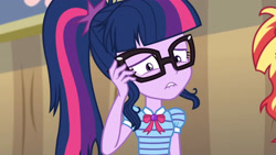 Size: 3410x1920 | Tagged: safe, imported from derpibooru, screencap, sci-twi, sunset shimmer, twilight sparkle, equestria girls, equestria girls series, rollercoaster of friendship, bowtie, female, geode of telekinesis, glasses, high res, jewelry, lip bite, magical geodes, necklace, ponytail, solo focus