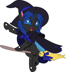Size: 4585x5000 | Tagged: safe, artist:jhayarr23, imported from derpibooru, oc, oc only, oc:swift dawn, changeling, absurd resolution, blue changeling, blue eyes, bow, broom, cape, changeling oc, clothes, commission, cute, fangs, flying, flying broomstick, hat, horn, looking at you, male, ocbetes, open mouth, open smile, ribbon, simple background, smiling, smiling at you, solo, stallion, transparent background, wings, witch costume, witch hat, ych result