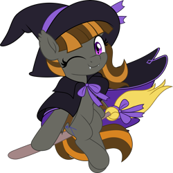 Size: 5005x5000 | Tagged: source needed, safe, artist:jhayarr23, imported from derpibooru, oc, oc only, oc:mythic dawn, bat pony, pony, absurd resolution, bat pony oc, broom, cape, clothes, commission, cute, eyelashes, fangs, female, flying, flying broomstick, hat, looking at you, one eye closed, purple eyes, ribbon, simple background, smiling, smiling at you, solo, transparent background, wink, winking at you, witch costume, witch hat, ych result