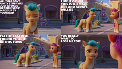 Size: 1280x720 | Tagged: safe, edit, edited screencap, editor:quoterific, imported from derpibooru, screencap, hitch trailblazer, sunny starscout, earth pony, pony, spoiler:g5, spoiler:my little pony: a new generation, eyes closed, female, g5, male, mare, my little pony: a new generation, open mouth, stallion