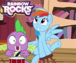 Size: 431x360 | Tagged: source needed, safe, edit, edited screencap, imported from derpibooru, screencap, rainbow dash, spike, dragon, pegasus, pony, equestria girls, rainbow rocks, testing testing 1-2-3, animated, cropped, drums, duo, female, gif, golden oaks library, logo, loop, male, mare, meme, musical instrument, pun, stool, stooldash