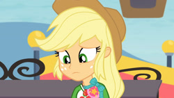 Size: 3410x1920 | Tagged: safe, imported from derpibooru, screencap, applejack, equestria girls, equestria girls series, rollercoaster of friendship, applejack's hat, clothes, cowboy hat, cutie mark, cutie mark on clothes, female, geode of super strength, hat, high res, jewelry, magical geodes, necklace, solo