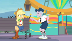 Size: 3410x1920 | Tagged: safe, imported from derpibooru, screencap, applejack, stanley excelsior, equestria girls, equestria girls series, rollercoaster of friendship, applejack's hat, belt, bench, boots, clothes, cowboy boots, cowboy hat, cutie mark, cutie mark on clothes, denim skirt, female, geode of super strength, hat, high res, jewelry, magical geodes, male, necklace, pointing, shoes, skirt