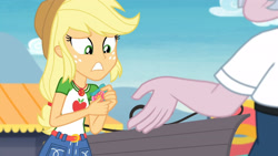 Size: 3410x1920 | Tagged: safe, imported from derpibooru, screencap, applejack, stanley excelsior, equestria girls, equestria girls series, rollercoaster of friendship, applejack's hat, belt, clothes, cowboy hat, cutie mark, cutie mark on clothes, denim skirt, female, geode of super strength, hat, high res, jewelry, magical geodes, male, necklace, skirt