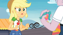 Size: 3410x1920 | Tagged: safe, imported from derpibooru, screencap, applejack, stanley excelsior, equestria girls, equestria girls series, rollercoaster of friendship, applejack's hat, belt, clothes, cowboy hat, cutie mark, cutie mark on clothes, denim skirt, female, geode of super strength, hat, high res, jewelry, magical geodes, male, necklace, open mouth, skirt