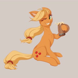 Size: 4000x4000 | Tagged: safe, artist:galinn-arts, imported from derpibooru, applejack, pony, cider mug, missing accessory, mug, simple background, sitting, smiling