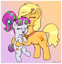 Size: 1898x1966 | Tagged: safe, artist:heretichesh, imported from derpibooru, oc, oc only, oc:zeta, oc:zippi, earth pony, pony, unicorn, cute, duo, eyes closed, female, filly, freckles, gradient background, holding a pony, hug, mother and child, mother and daughter, ocbetes, open mouth, open smile, smiling