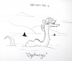 Size: 1440x1210 | Tagged: safe, artist:tjpones, imported from derpibooru, twilight sparkle, black and white, cryptid, fangs, female, grayscale, inktober, inktober 2021, lake, monochrome, monster, ogopogo, solo, species swap, swimming, traditional art, twiggie