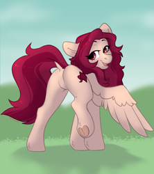 Size: 1497x1688 | Tagged: safe, artist:spoopygander, imported from derpibooru, oc, oc only, oc:crimm harmony, pegasus, pony, butt, dock, featureless crotch, lidded eyes, looking at you, looking back, plot, smiling, solo, spread wings, tail, underhoof, wings