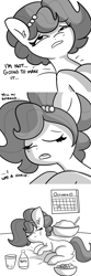 Size: 3300x9900 | Tagged: safe, artist:tjpones, imported from derpibooru, oc, oc only, oc:brownie bun, earth pony, pony, horse wife, black and white, calendar, canada, comic, crying, dialogue, eyes closed, female, grayscale, holiday, lying down, mare, monochrome, pepto-bismol, solo, stomach ache, thanksgiving