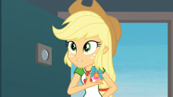 Size: 3410x1920 | Tagged: safe, imported from derpibooru, screencap, applejack, equestria girls, equestria girls series, rollercoaster of friendship, applejack's hat, clothes, cowboy hat, cutie mark, cutie mark on clothes, female, geode of super strength, hat, high res, jewelry, magical geodes, necklace, solo