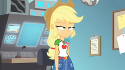 Size: 3410x1920 | Tagged: safe, imported from derpibooru, screencap, applejack, equestria girls, equestria girls series, rollercoaster of friendship, applejack is not amused, applejack's hat, belt, clothes, cowboy hat, cutie mark, cutie mark on clothes, denim skirt, female, geode of super strength, hat, high res, jewelry, magical geodes, necklace, skirt, solo, unamused