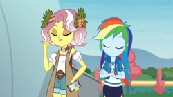 Size: 3410x1920 | Tagged: safe, imported from derpibooru, screencap, rainbow dash, vignette valencia, equestria girls, equestria girls series, rollercoaster of friendship, cellphone, clothes, crossed arms, cutie mark, cutie mark on clothes, eyes closed, female, geode of super speed, high res, hoodie, jewelry, magical geodes, necklace, phone, smartphone, smiling