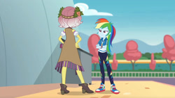 Size: 3410x1920 | Tagged: safe, imported from derpibooru, screencap, rainbow dash, vignette valencia, equestria girls, equestria girls series, rollercoaster of friendship, cellphone, clothes, crossed arms, cutie mark, cutie mark on clothes, female, geode of super speed, hand on hip, high res, hoodie, jewelry, magical geodes, necklace, phone, shoes, smartphone, smiling, sneakers