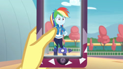 Size: 3410x1920 | Tagged: safe, imported from derpibooru, screencap, rainbow dash, vignette valencia, equestria girls, equestria girls series, rollercoaster of friendship, cellphone, clothes, cutie mark, cutie mark on clothes, female, geode of super speed, hand on hip, high res, hoodie, jewelry, magical geodes, necklace, phone, smartphone, solo focus