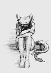 Size: 2480x3508 | Tagged: safe, artist:razlads-slave, imported from derpibooru, oc, oc only, oc:strelka, anthro, plantigrade anthro, arrow, depressed, high res, monochrome, sad, sitting, solo