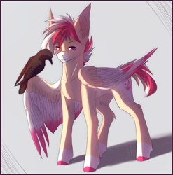 Size: 1450x1470 | Tagged: safe, artist:primarylilybrisk, imported from derpibooru, oc, oc only, bird, pegasus, pony, raven (bird), colored hooves, looking at you, male, solo, spread wings, stallion, standing, wings