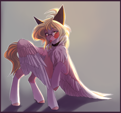 Size: 1450x1355 | Tagged: safe, artist:primarylilybrisk, imported from derpibooru, oc, oc only, pegasus, pony, chest fluff, choker, coat markings, colored hooves, colored wings, glasses, looking at you, socks (coat markings), solo, spread wings, standing, tongue out, two toned wings, wings