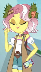 Size: 1048x1839 | Tagged: safe, edit, edited screencap, imported from derpibooru, screencap, vignette valencia, equestria girls, equestria girls series, rollercoaster of friendship, cellphone, clothes, cropped, eyes closed, phone, smiling, solo