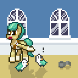 Size: 512x512 | Tagged: safe, artist:nitobit, imported from derpibooru, hitch trailblazer, bird, earth pony, angry, can, exclamation point, g5, male, maretime bay, my little pony: a new generation, pixel art, pointing, stallion, yelling