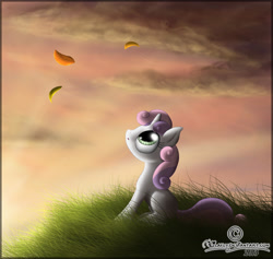 Size: 1593x1509 | Tagged: safe, artist:lilafly, imported from derpibooru, sweetie belle, pony, unicorn, blank flank, female, filly, grass, leaf, sky, solo