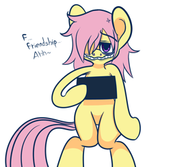 Size: 828x813 | Tagged: safe, alternate version, artist:extradan, imported from derpibooru, fluttershy, pegasus, semi-anthro, alternate character, female, grin, hoof hold, lidded eyes, mare, mugshot, sign, simple background, smiling, solo, tomoko kuroki, watamote, white background