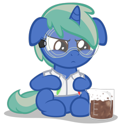 Size: 3320x3420 | Tagged: safe, artist:strategypony, imported from derpibooru, oc, oc only, oc:nova spark, pony, unicorn, beaker, clothes, experiment, female, filly, floppy ears, foal, goggles, high res, horn, lab coat, not chocolate, safety goggles, science, serious, simple background, sitting, test tube, transparent background, unicorn oc