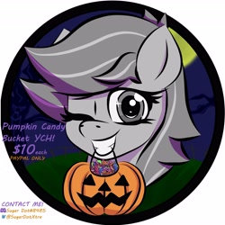 Size: 4096x4096 | Tagged: safe, artist:sugardotxtra, imported from derpibooru, pony, candy, commission, food, halloween, holiday, looking at you, one eye closed, pumpkin, wink, winking at you, ych example, your character here