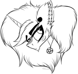 Size: 2204x2083 | Tagged: safe, artist:beamybutt, imported from derpibooru, oc, oc only, pony, unicorn, bust, ear fluff, ear piercing, high res, horn, jewelry, lineart, male, monochrome, necklace, piercing, simple background, solo, stallion, unicorn oc, white background