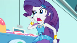Size: 3410x1920 | Tagged: safe, imported from derpibooru, screencap, rarity, equestria girls, equestria girls series, rollercoaster of friendship, bracelet, female, geode of shielding, hairpin, high res, jewelry, magical geodes, open mouth, rarity peplum dress, solo