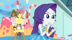 Size: 3410x1920 | Tagged: safe, imported from derpibooru, screencap, rarity, vignette valencia, equestria girls, equestria girls series, rollercoaster of friendship, bracelet, crossed arms, female, geode of shielding, hairpin, high res, jewelry, magical geodes, open mouth, rarity peplum dress