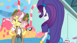 Size: 3410x1920 | Tagged: safe, imported from derpibooru, screencap, rarity, vignette valencia, equestria girls, equestria girls series, rollercoaster of friendship, bracelet, cellphone, female, grin, hand on hip, high res, jewelry, phone, rarity peplum dress, smartphone, smiling