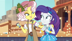 Size: 3410x1920 | Tagged: safe, imported from derpibooru, screencap, rarity, vignette valencia, equestria girls, equestria girls series, rollercoaster of friendship, bracelet, cellphone, female, geode of shielding, hairpin, hand on shoulder, high res, jewelry, magical geodes, phone, rarity peplum dress, smartphone, smiling