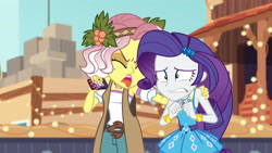 Size: 3410x1920 | Tagged: safe, imported from derpibooru, screencap, rarity, vignette valencia, equestria girls, equestria girls series, rollercoaster of friendship, bracelet, cellphone, eyes closed, female, geode of shielding, hairpin, hand on shoulder, high res, jewelry, magical geodes, open mouth, phone, rarity peplum dress, smartphone, tongue out