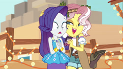 Size: 3410x1920 | Tagged: safe, imported from derpibooru, screencap, rarity, vignette valencia, equestria girls, equestria girls series, rollercoaster of friendship, bracelet, cellphone, female, geode of shielding, hairpin, high res, jewelry, magical geodes, open mouth, phone, rarity peplum dress, smartphone