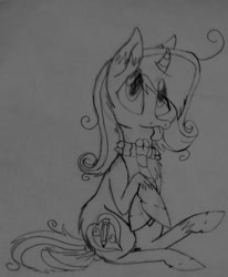 Size: 1125x1364 | Tagged: safe, artist:sketchytwi, imported from derpibooru, oc, oc only, pony, unicorn, :p, clothes, female, grayscale, lineart, mare, monochrome, raised hoof, scarf, sitting, solo, tongue out, traditional art