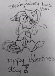 Size: 1572x2153 | Tagged: safe, artist:sketchytwi, imported from derpibooru, oc, oc only, pony, unicorn, clothes, female, floppy ears, grayscale, happy valentines day, horn, lineart, mare, monochrome, scarf, sitting, solo, traditional art, unicorn oc, unshorn fetlocks