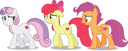Size: 9034x3645 | Tagged: safe, artist:kojibiose, imported from derpibooru, apple bloom, scootaloo, sweetie belle, earth pony, pegasus, pony, unicorn, growing up is hard to do, absurd resolution, cutie mark crusaders, floppy ears, older, older apple bloom, older scootaloo, older sweetie belle, simple background, transparent background, trio