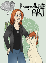 Size: 876x1200 | Tagged: safe, artist:royvdhel-art, imported from derpibooru, oc, oc only, oc:romy, bird, earth pony, human, pony, bust, clothes, earth pony oc, grin, male, pants, petting, smiling, stallion, thought bubble