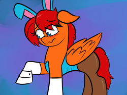 Size: 1024x768 | Tagged: safe, artist:tranzmuteproductions, imported from derpibooru, oc, oc only, oc:goldenfox, pegasus, pony, abstract background, blushing, bunny ears, bunny suit, clothes, crossdressing, cuffs (clothes), floppy ears, hoof gloves, leotard, male, pantyhose, pegasus oc, raised hoof, solo, stallion, wings