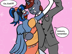 Size: 1024x768 | Tagged: safe, artist:tranzmuteproductions, imported from derpibooru, oc, oc only, oc:gutiu serenade, oc:thornquill, pegasus, unicorn, arm hooves, blushing, clothes, crossdressing, dancing, dialogue, dressing, duo, embarrassed, evening gloves, gay, gloves, horn, long gloves, male, necktie, pegasus oc, pink background, simple background, smiling, smirk, suit, unicorn oc, wings