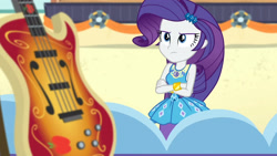 Size: 3410x1920 | Tagged: safe, imported from derpibooru, screencap, rarity, equestria girls, equestria girls series, rollercoaster of friendship, bass guitar, bracelet, crossed arms, female, geode of shielding, hairpin, high res, jewelry, magical geodes, musical instrument, rarity peplum dress, solo