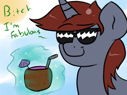 Size: 1024x768 | Tagged: safe, artist:tranzmuteproductions, imported from derpibooru, oc, oc only, oc:gutiu serenade, pony, unicorn, bust, coconut, food, magic, male, smiling, solo, stallion, sunglasses, talking, telekinesis, vulgar