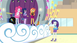 Size: 3410x1920 | Tagged: safe, imported from derpibooru, screencap, pinkie pie, rarity, sci-twi, sunset shimmer, twilight sparkle, equestria girls, equestria girls series, rollercoaster of friendship, bass guitar, bowtie, bracelet, clothes, crossed arms, cutie mark, cutie mark on clothes, drums, female, geode of empathy, geode of shielding, geode of sugar bombs, geode of telekinesis, glasses, hairpin, high heels, high res, jacket, jewelry, leather, leather jacket, magical geodes, musical instrument, necklace, ponytail, rarity peplum dress, shoes, tanktop