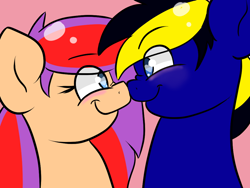 Size: 1024x768 | Tagged: safe, artist:tranzmuteproductions, imported from derpibooru, oc, oc only, earth pony, pony, bust, earth pony oc, female, looking at each other, male, mare, oc x oc, pink background, shipping, simple background, smiling, stallion, straight